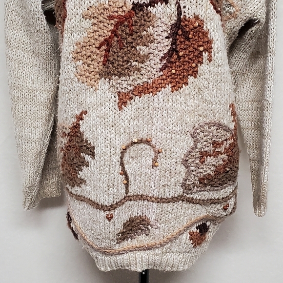 VINTAGE 90s Cabin Creek Beaded Autumn Leaf Loose Knit Textured Pull-over Sweater - Picture 6 of 14